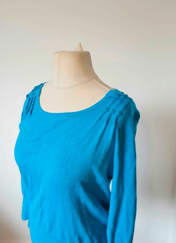Roman Bright Blue Lightweight Knit Jumper Size 14 Button Detail Long Sleeve