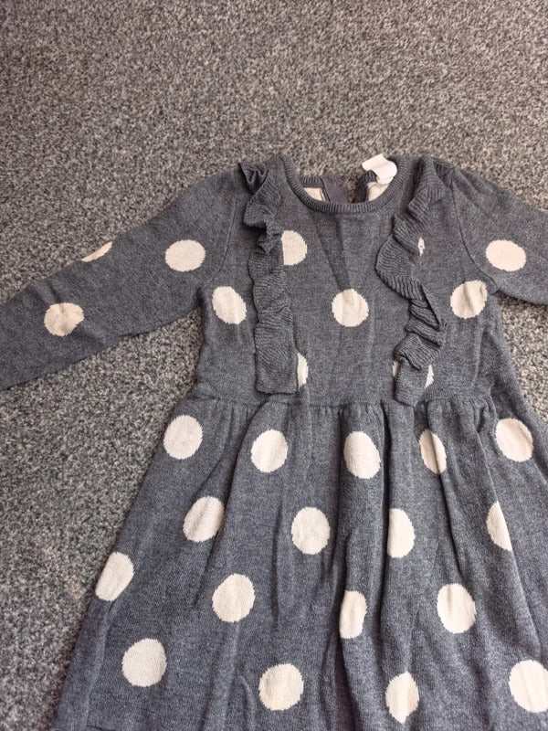 H&M Baby Girls Grey & White Polka Dot Ruffle Knit Dress 6-9 Months