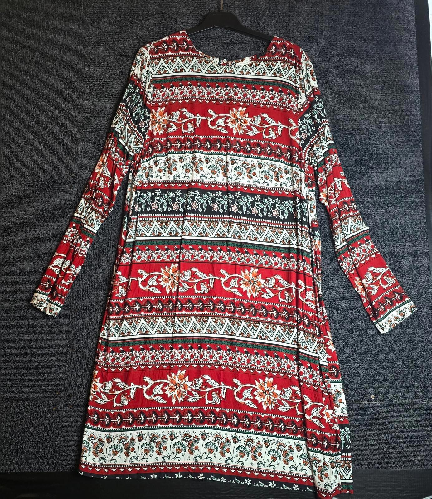 H&M Red & White Patterned A-Line Dress UK 14/16 Open Back Long Sleeve
