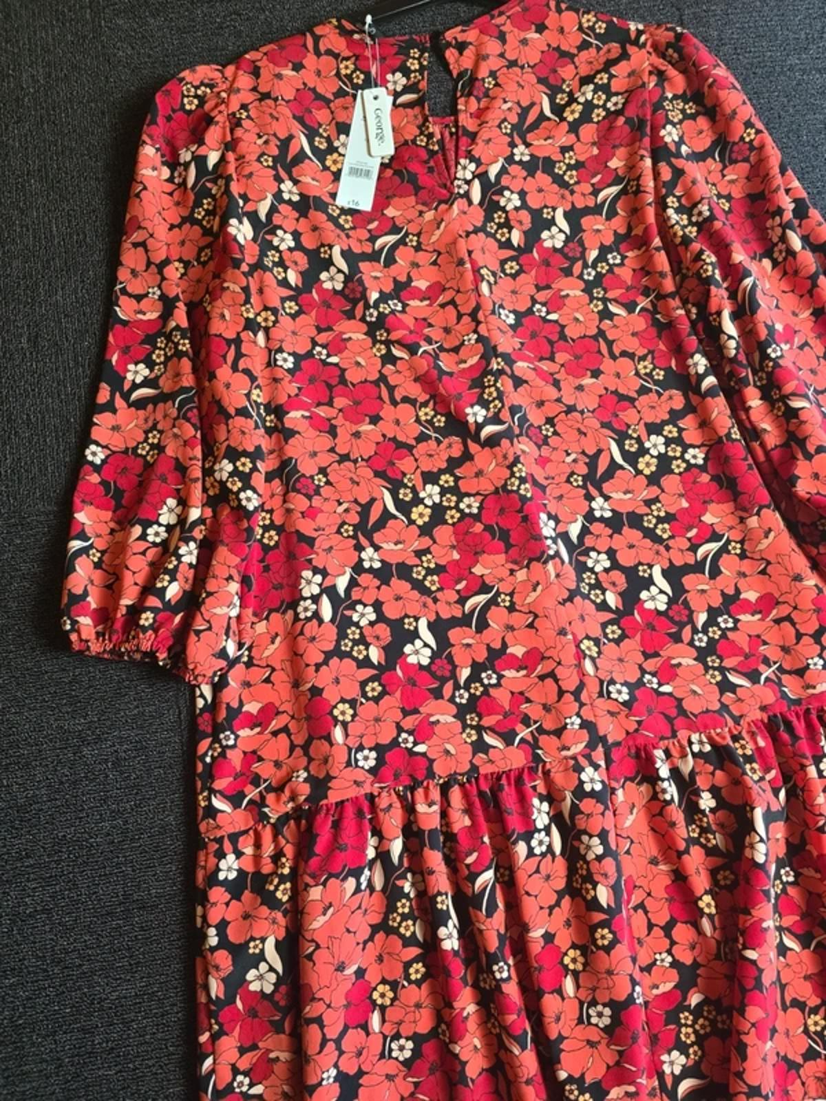 George Floral Midi Dress Red & Black UK Size 12 Floaty Everyday Wear