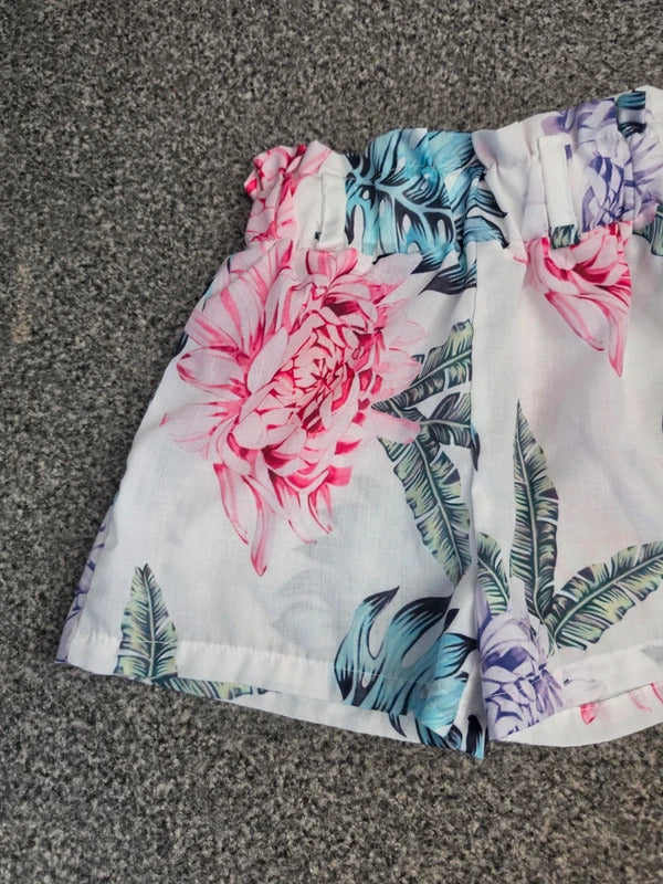 Girls White Tropical Floral & Palm Print Paperbag Flared Shorts Age 3 Years