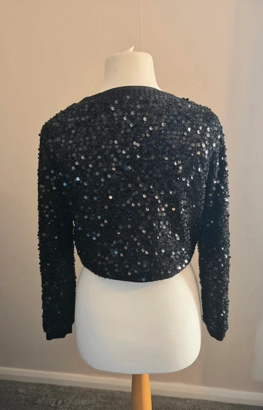 Primark Black Sequin Cropped Jumper Size 10