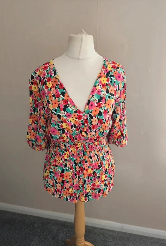 F&F Multicoloured Floral Peplum Top Size 14