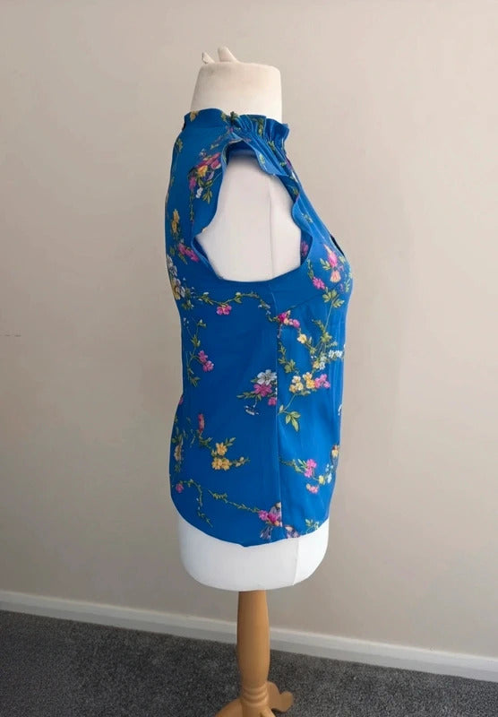 Oasis Women's Blue Floral Sleeveless Pleated Blouse Size 8