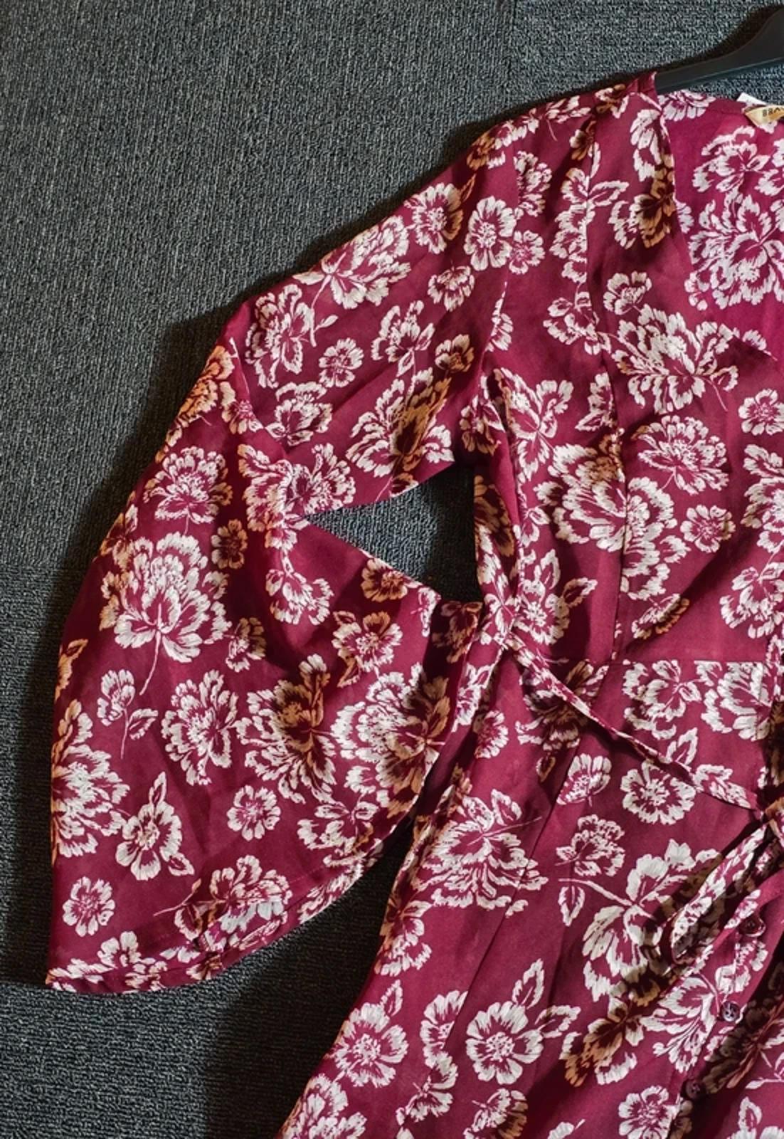 Brave Soul Burgundy Floral Boho Dress UK Size 10/12 Belted Flared Sleeves