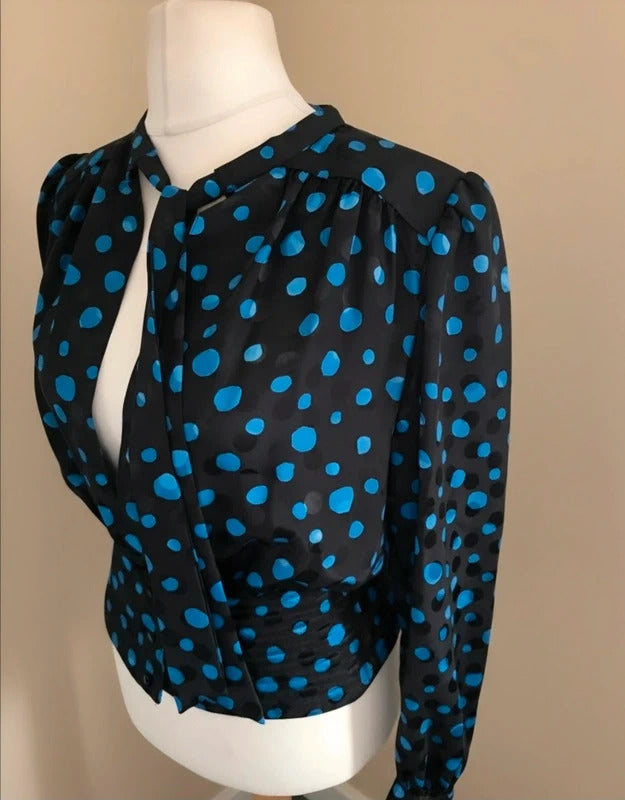 Vintage 1980s Parigi Black and Blue Polka Dot Blouse Size 8-10