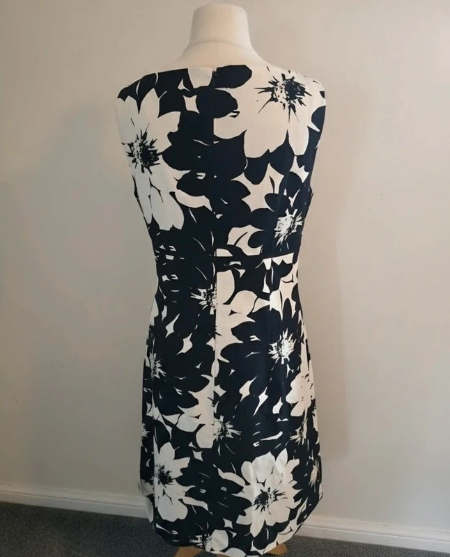 Laura Ashley Monochrome Cotton-Linen Floral Midi Dress Size 14