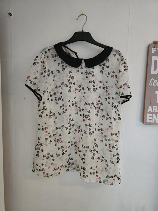 Marks & Spencer Black, Cream & Red Patterned Sheer Blouse Size 14
