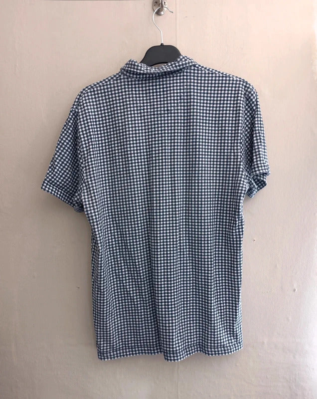 Next Men's Blue & White Gingham Checked Short-Sleeved Polo Shirt Slim Fit Size Large