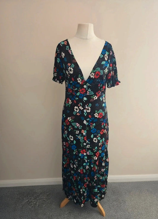 Next Black Multicoloured Floral Button Up Frill Hem Midi Dress Size 12