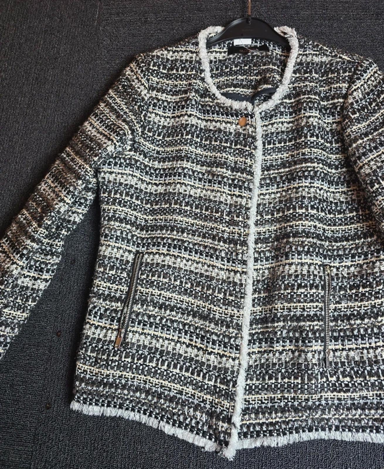 Next Tailoring Tweed Blazer Size 10 Black White Silver Frayed Trim Zip Front