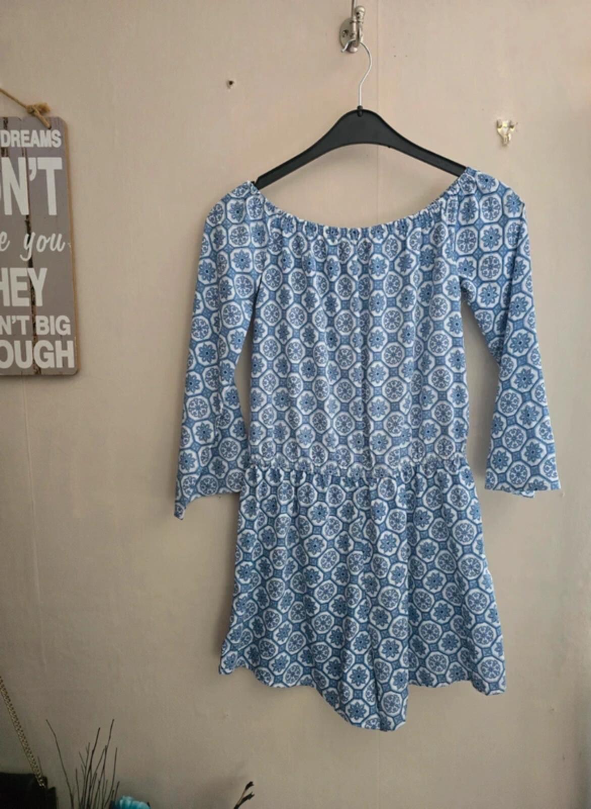 Boohoo Blue & White Patterned Off Shoulder Playsuit 3/4 Sleeves Size 10