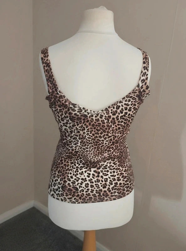 Select Animal Print Brown & Beige Double V-Neck Camisole Vest Top Size 14