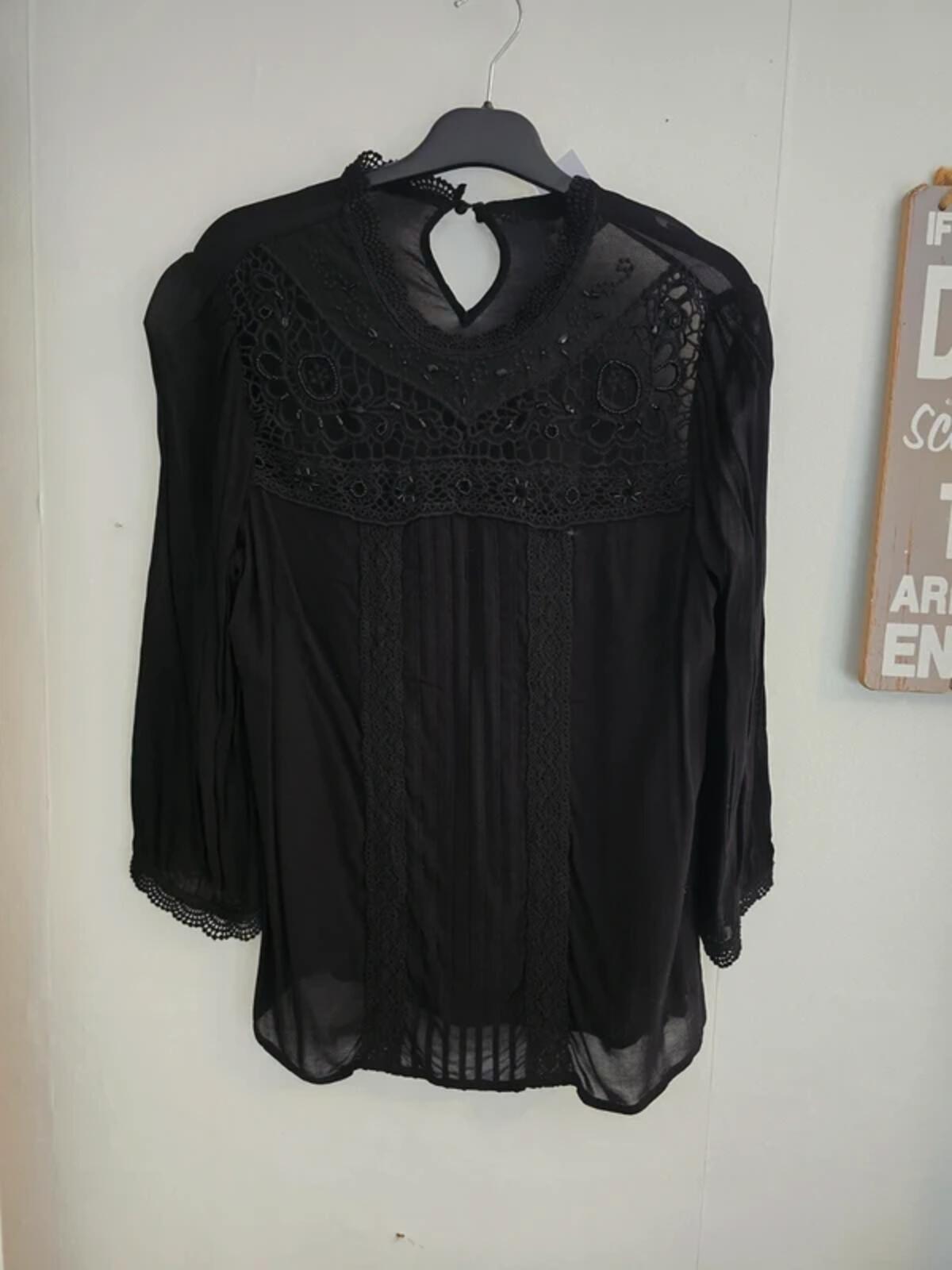 Monsoon Black Beaded High Neck Blouse Size 12 NWT