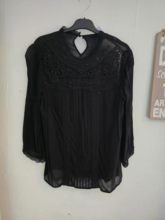 Monsoon Black Beaded High Neck Blouse Size 12 NWT
