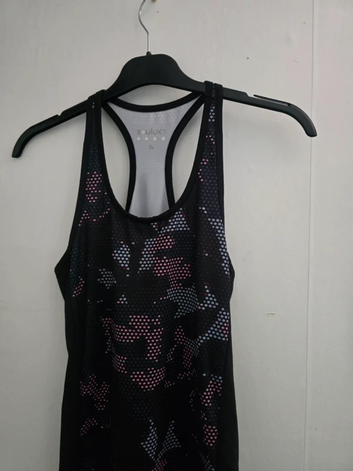 Matalan Souluxe Black, Blue & Pink Patterned Gym Top S Size 10-12