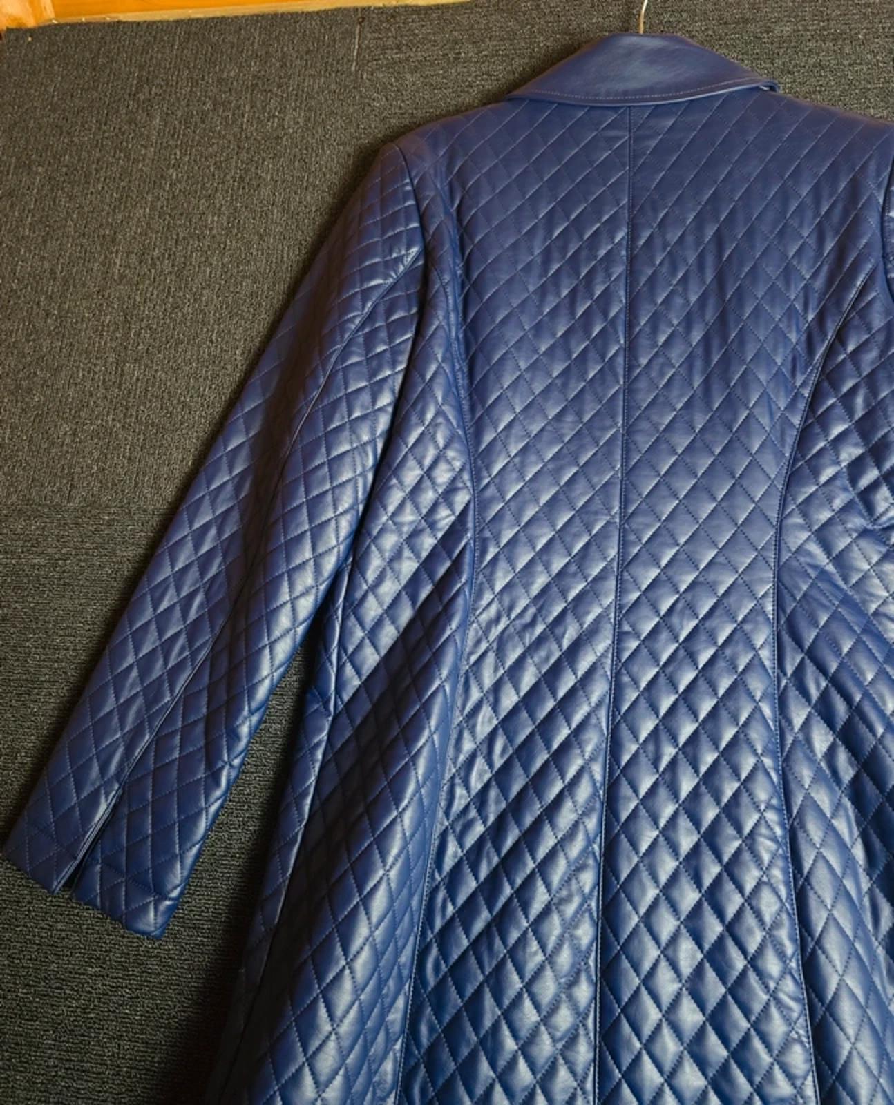 Dennis Basso Quilted Faux Leather Jacket Blue S Size 8/10 Mid Length Zip Up