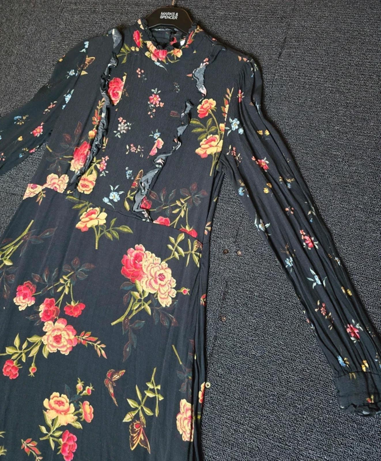 Zara Black Floral Mini Dress L Size 12 Long Sleeve Lace Back Frill Detail
