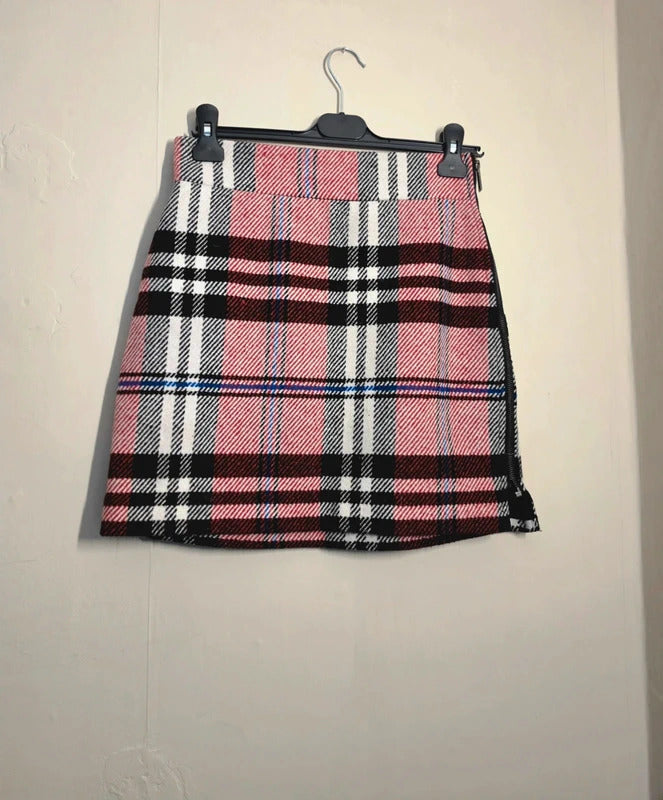 Topshop Red Black & White Tartan Checked Mini Skirt UK 10