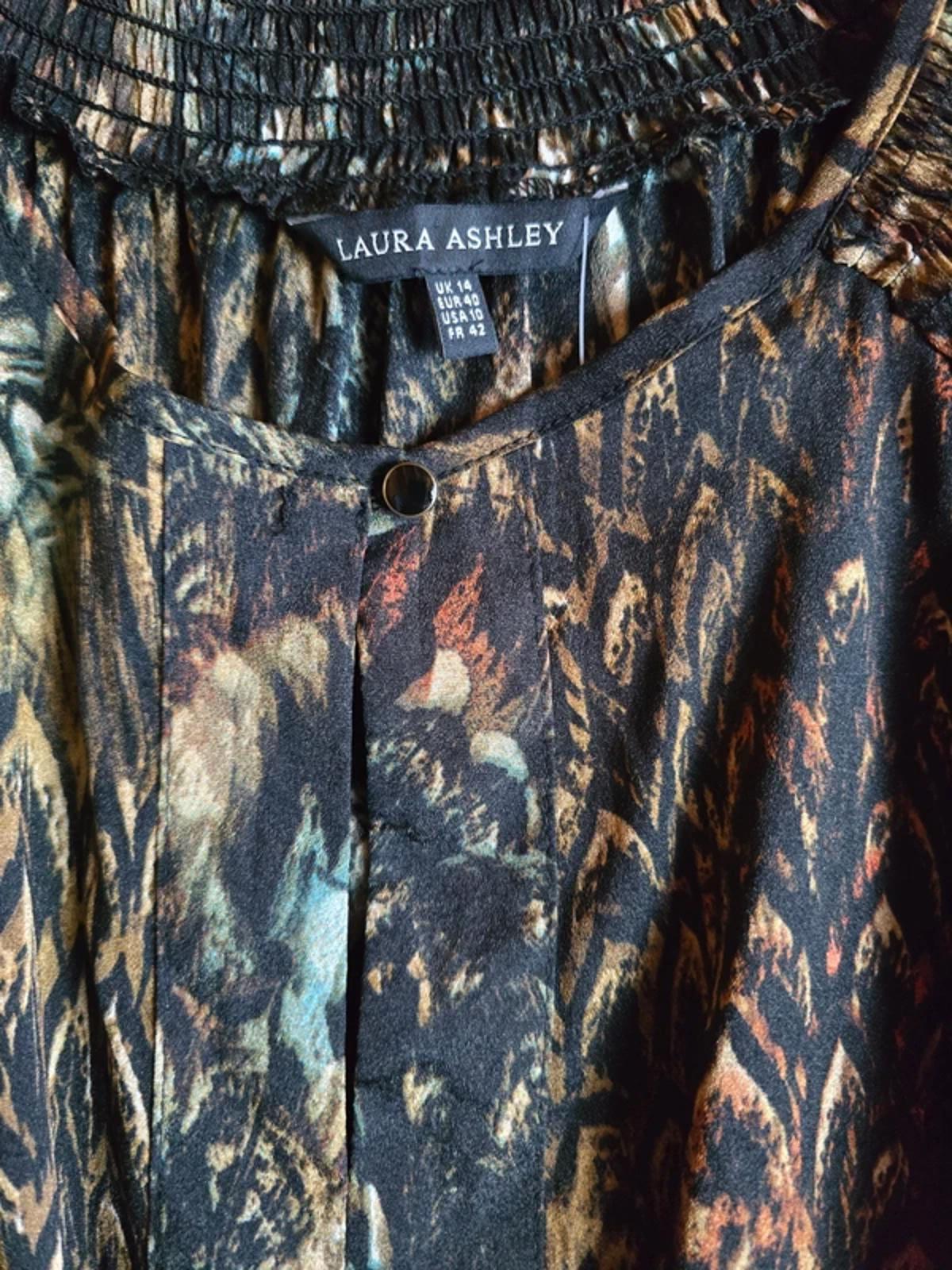 Laura Ashley Black Brown Blue Patterned Dress UK Size 14 Elasticated Waist