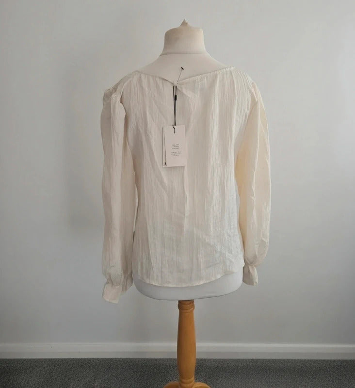 Aware White Ruched Front Blouse  XL Size 16-18 Long Sleeve Frill Cuff Top NWT