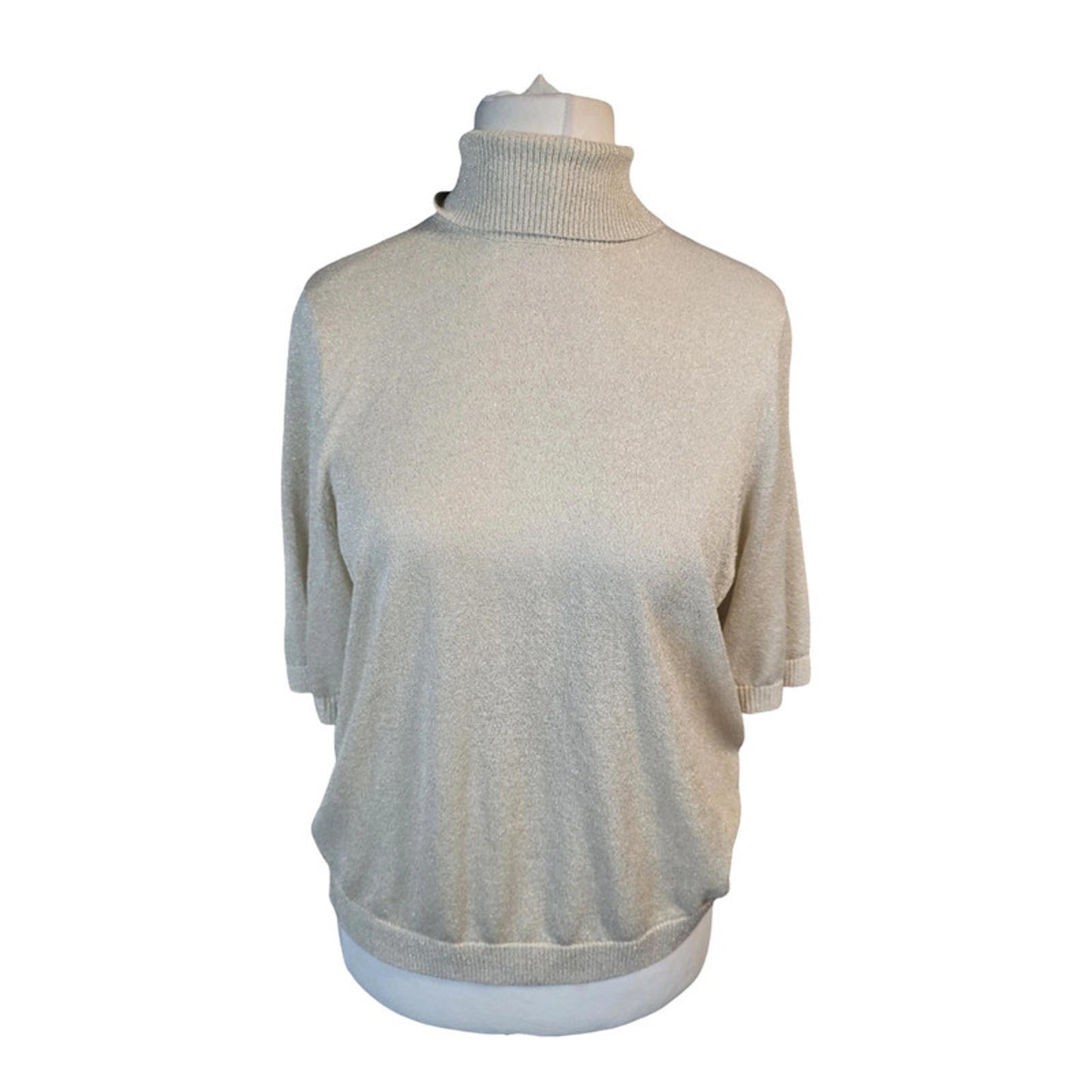 Marks & Spencer Gold Glitter Roll Neck Top Size 12/14 Lightweight 3/4 Sleeve