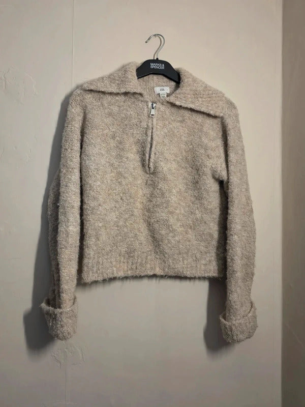 River Island Girls Cream Bouclé Knit Quarter Zip Jumper Age 11–12 Years