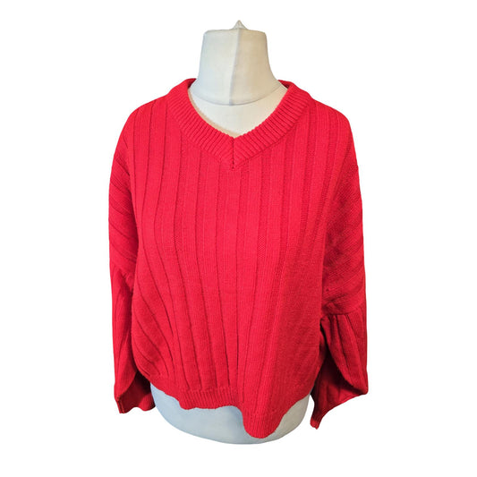Topshop Red Oversized Ribbed Knit Jumper – V Neck – Size 16