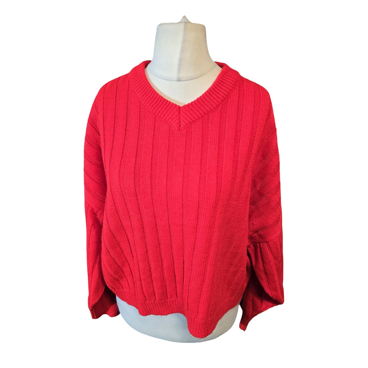 Topshop Red Oversized Ribbed Knit Jumper – V Neck – Size 16