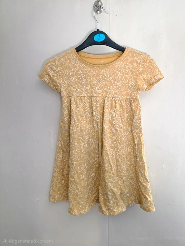 Next Girls Ochre Yellow & White Cat Print Short Sleeve Jersey Dress Age 4-5 Years