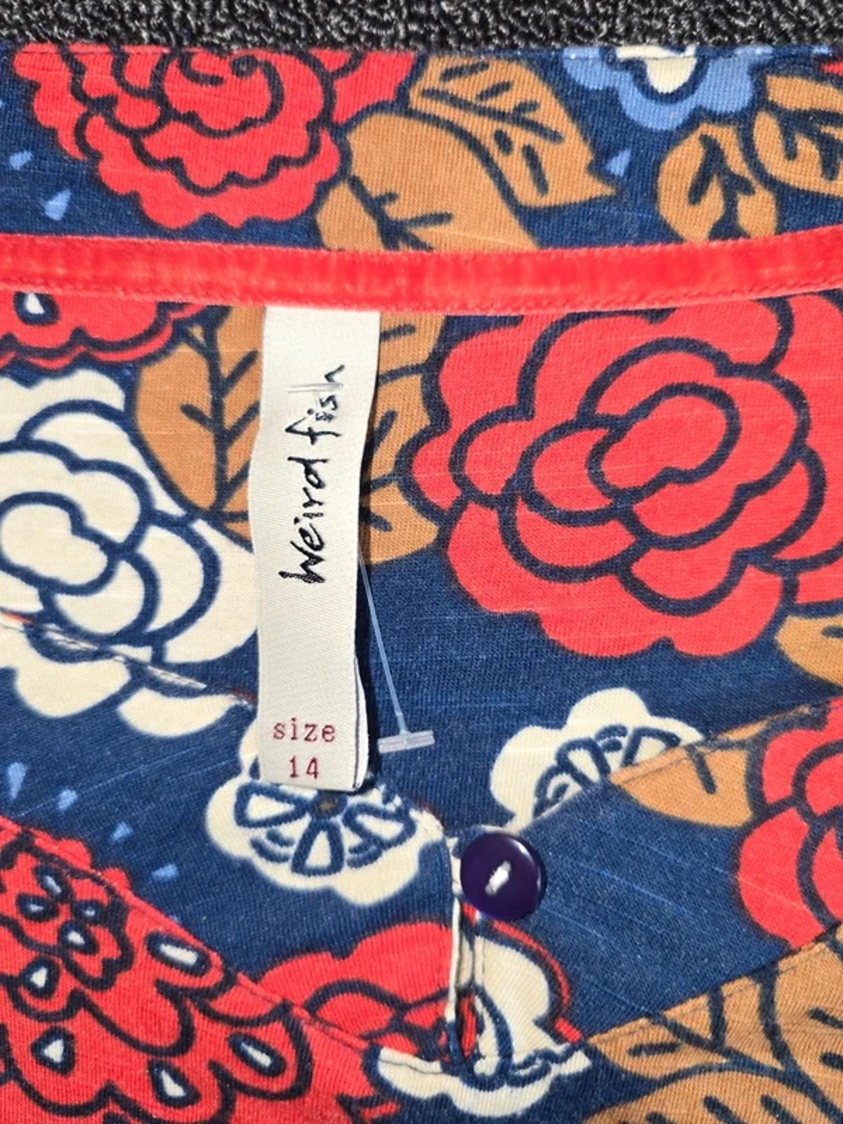 Weird Fish Floral Tunic Top Navy Red White UK Size 14 ¾ Sleeve Cotton Modal