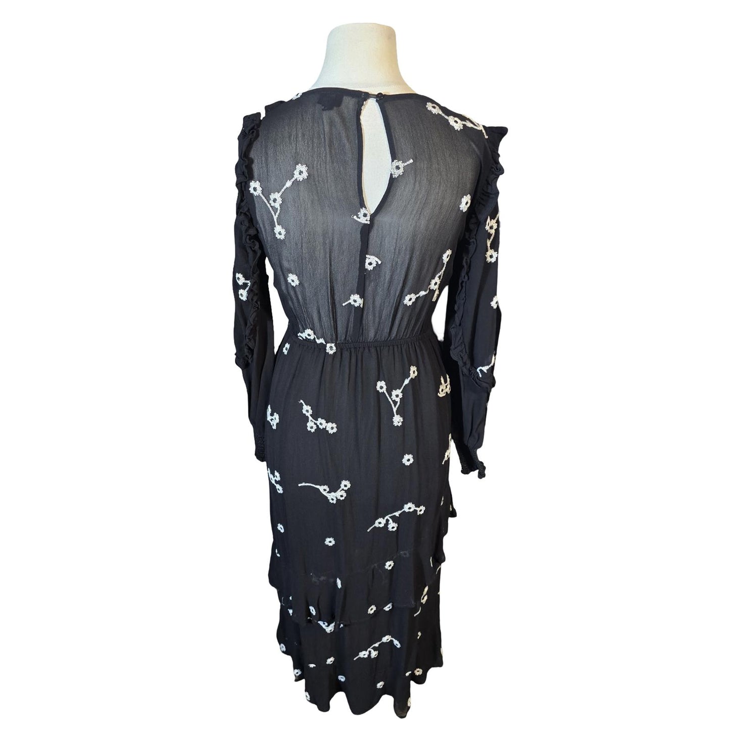 River Island Black & White Floral Frill Midi Dress – Size 8