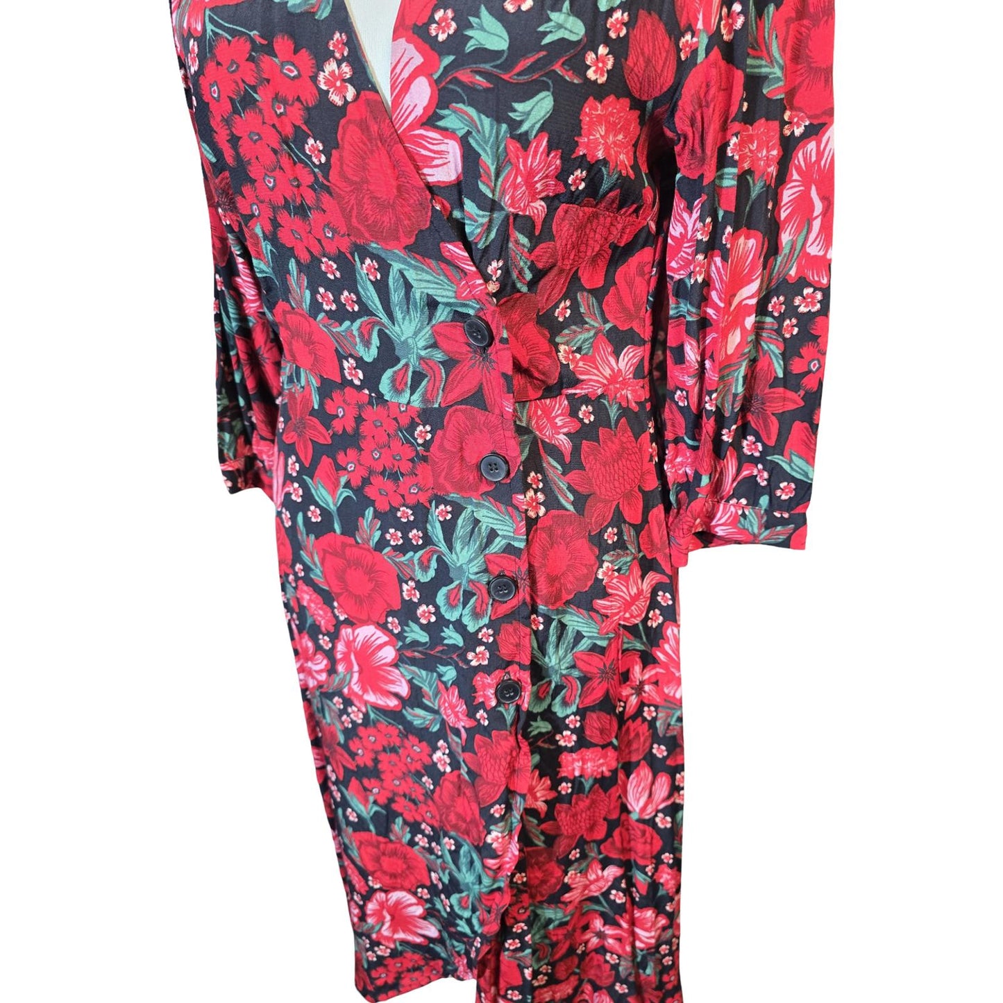 Monki Red Floral Wrap Style Dress – 3/4 Sleeve, Knee to Midi Length – UK size 10