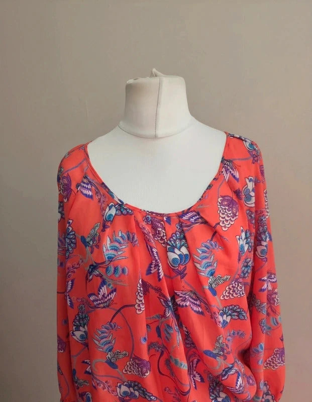 Wallis Petite Orange & Multicolour Butterfly Floral Sheer Blouse Med Size 12–14