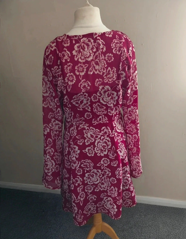 Brave Soul Burgundy White Floral Dress Size 10/12 Long Flared Sleeves Boho Style