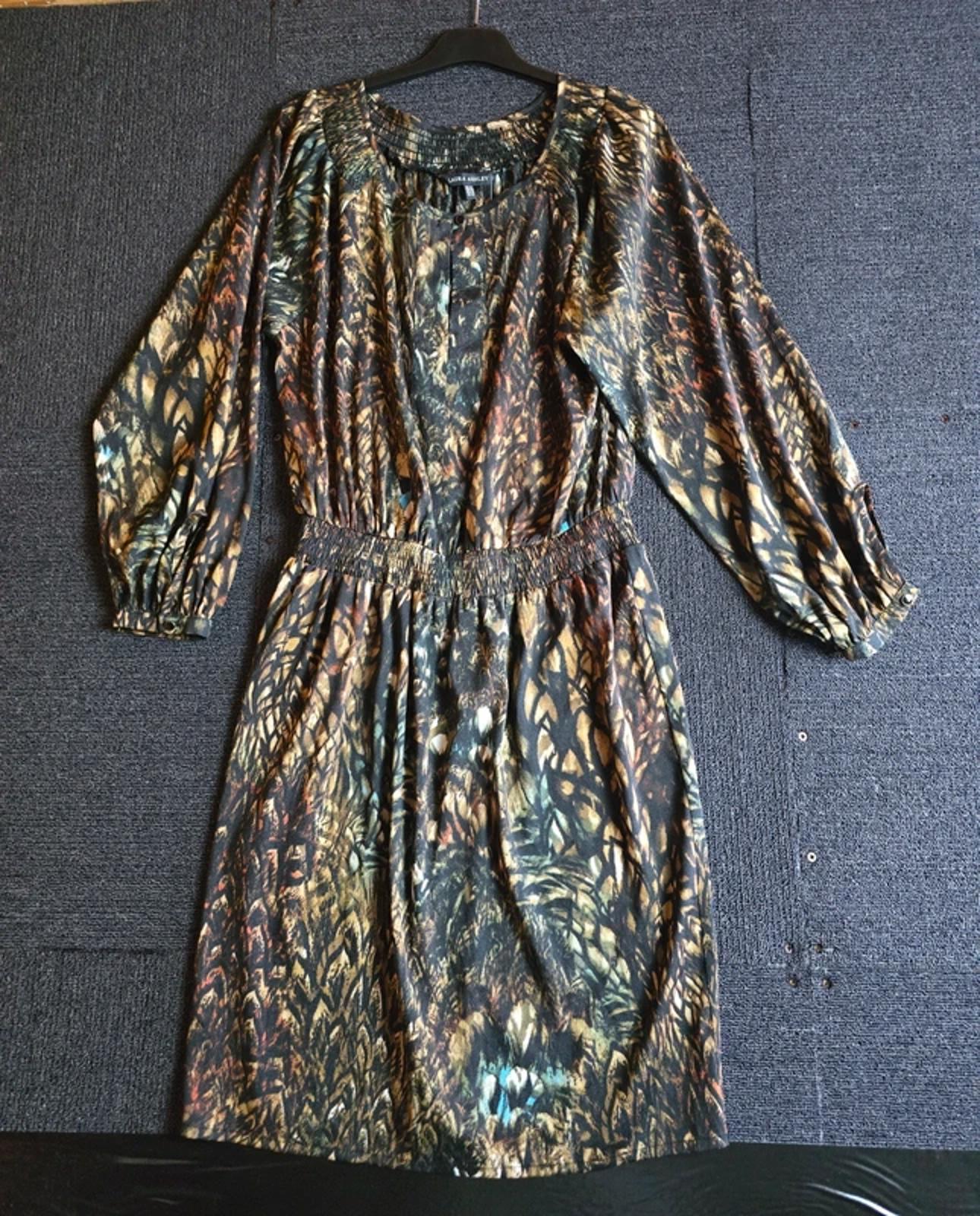 Laura Ashley Black Brown Blue Patterned Dress UK Size 14 Elasticated Waist