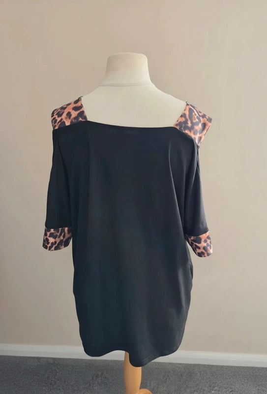 Black & Leopard Print Animal Trim Cold-Shoulder V-Neck Top L (Suits Size 16-18)