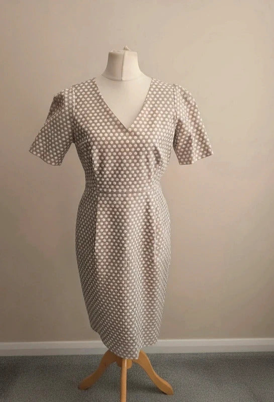 Pure Collection Beige White Polka Dot Tailored Short Sleeved Midi Dress Size 14