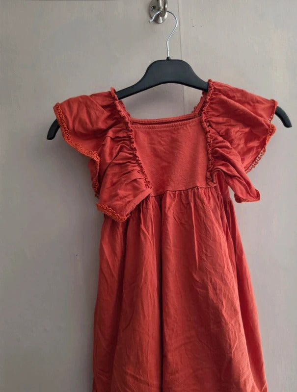 H&M Girls Burnt Orange Frill Detail Cotton Dress Age 4-6 Years