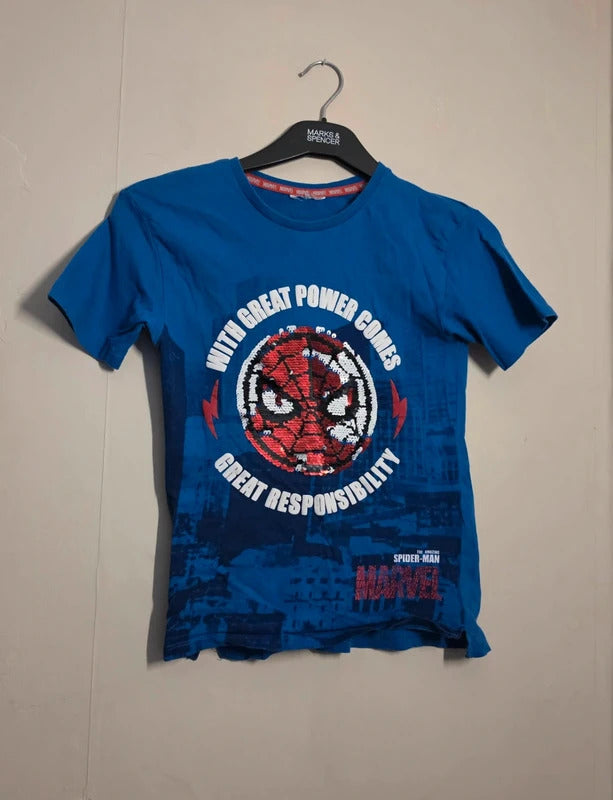 Primark Boys Blue Marvel Spider-Man Sequin T-Shirt Age 7–8 Years