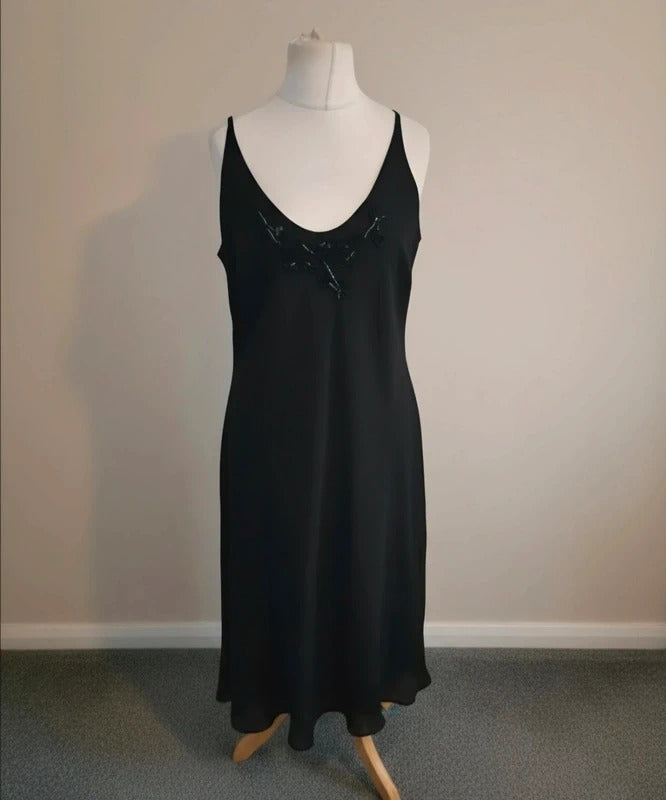 Marks & Spencer Vintage Black Lined Midi Slip Dress with Gem Detail Size 18