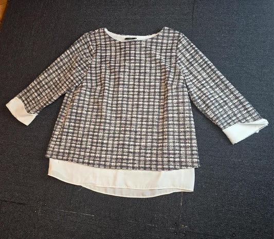 Wallis Black Knit Top Size 14 Woven Hem Smart Casual 3/4 Sleeve