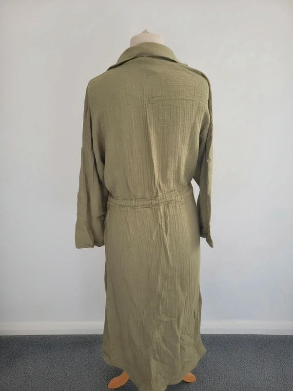 Replay Khaki Textured Cotton Midi Shirt Dress M Size 10-12 Drawstring Waist