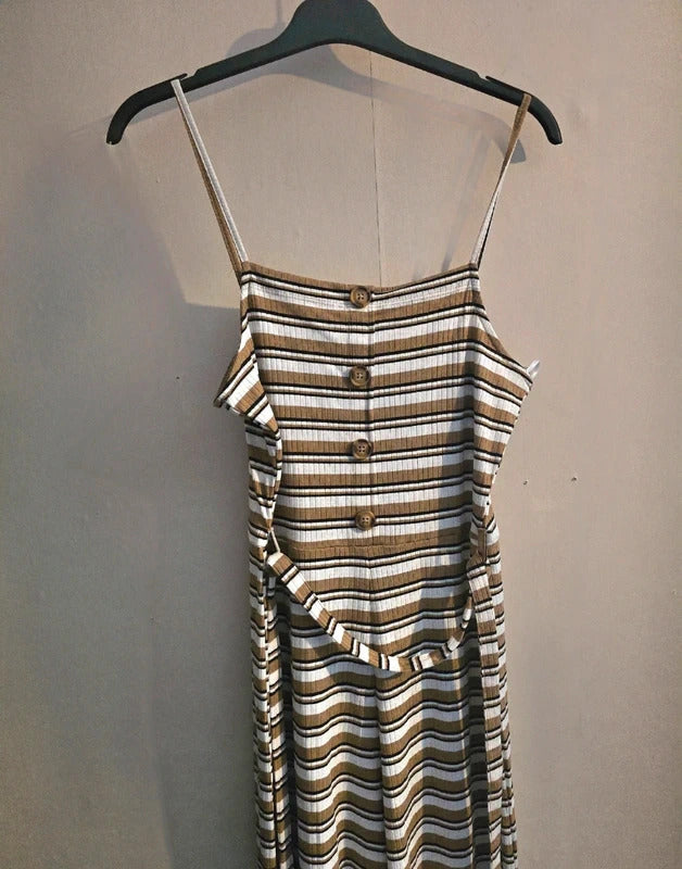 Topshop Beige & White Striped Sleeveless Belted Flared Crop Jumpsuit Size 12