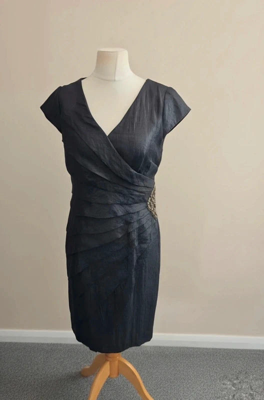M&Co Boutique Black Ruffled V-Neck Dress with Gem Detail Size 14