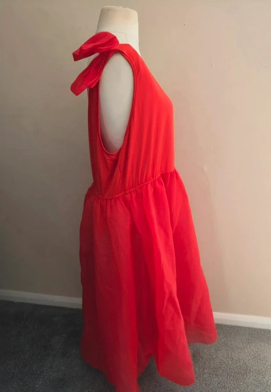 Shein Red Puffed One Shoulder Bow Netted Midi Maxi Dress 4XL Size 24-26