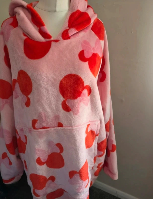 Custard London Pink & Red Minnie Mouse Fleece Lounge Hoodie Jumper One Size