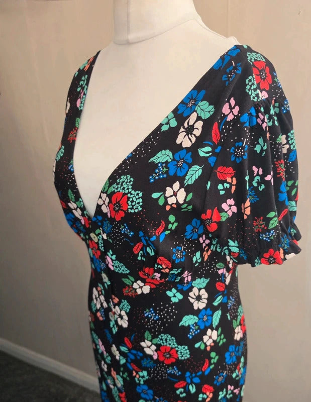 Next Black Multicoloured Floral Button Up Frill Hem Midi Dress Size 12
