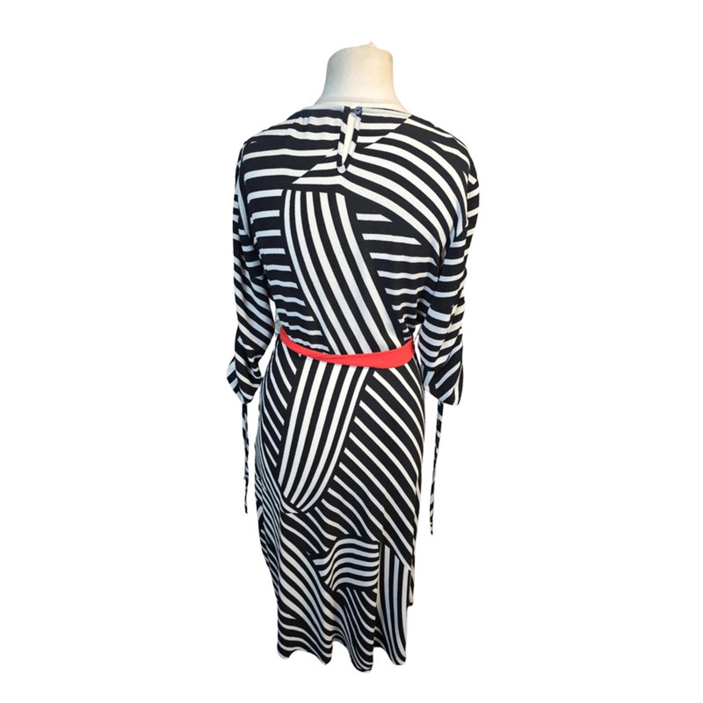 Studio by Preen Stripe Midi Dress Black White Size 12 Ruched Detail & Red Belt