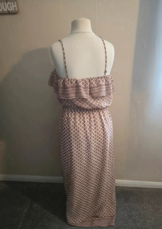 Miss Selfridge Beige & White Patterned Adjustable Strap Flared Maxi Dress 12